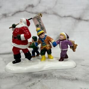 Vintage Department 56 Here comes Santa Village Figurine Cabbage Rose Flag